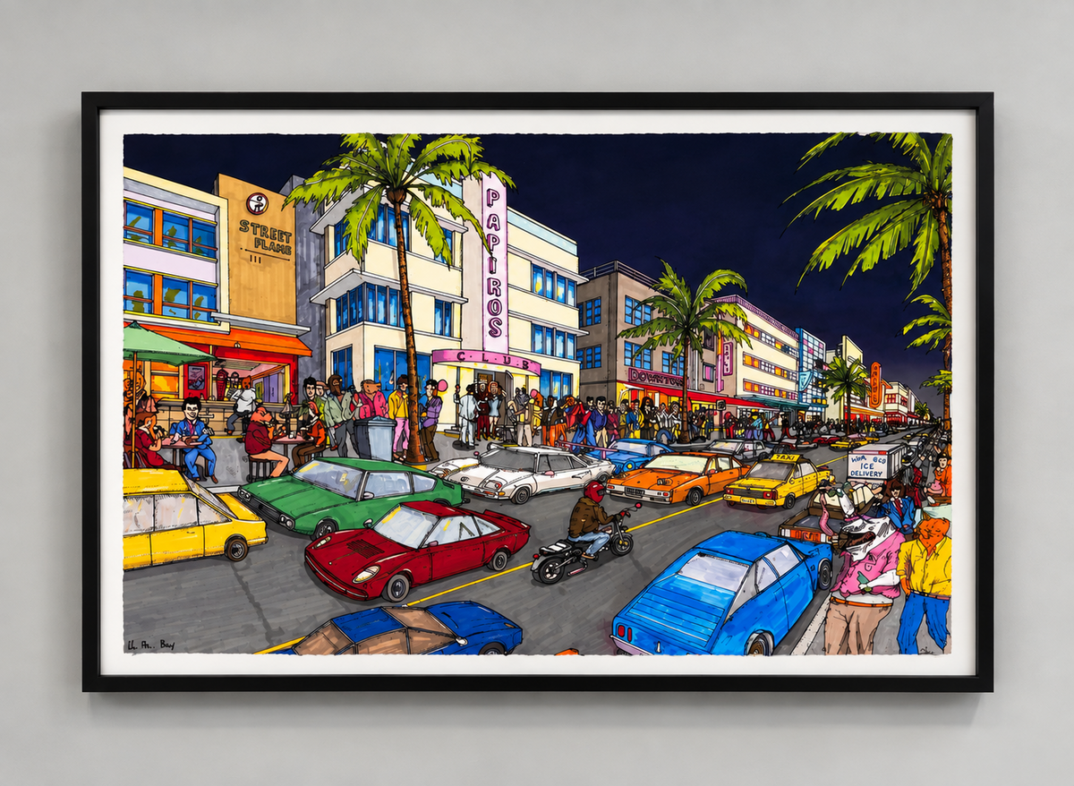 Club Papiros: Miami Branch, unikt håndkolorert verk ferdig innrammet